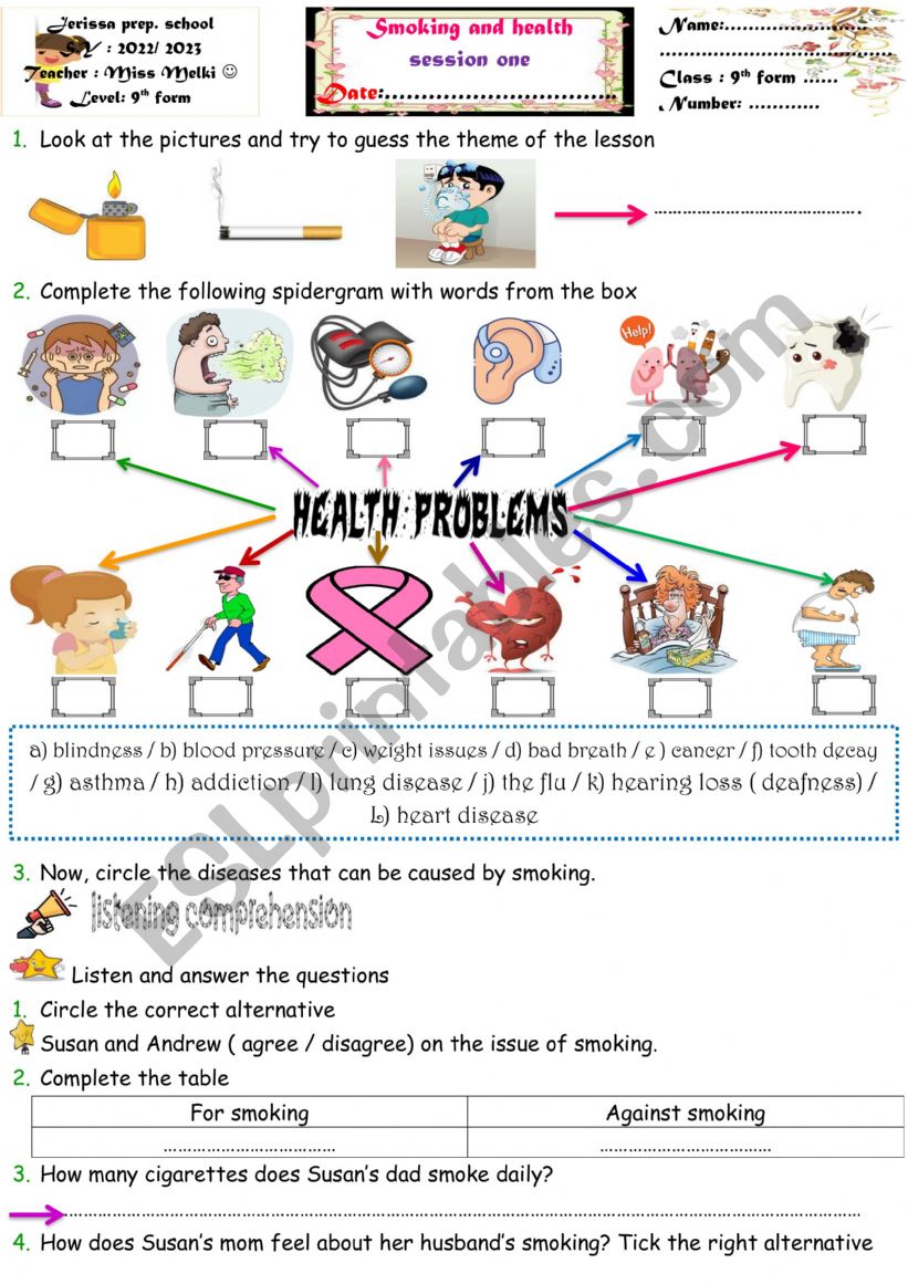 SMOKING and Health 9th form worksheet