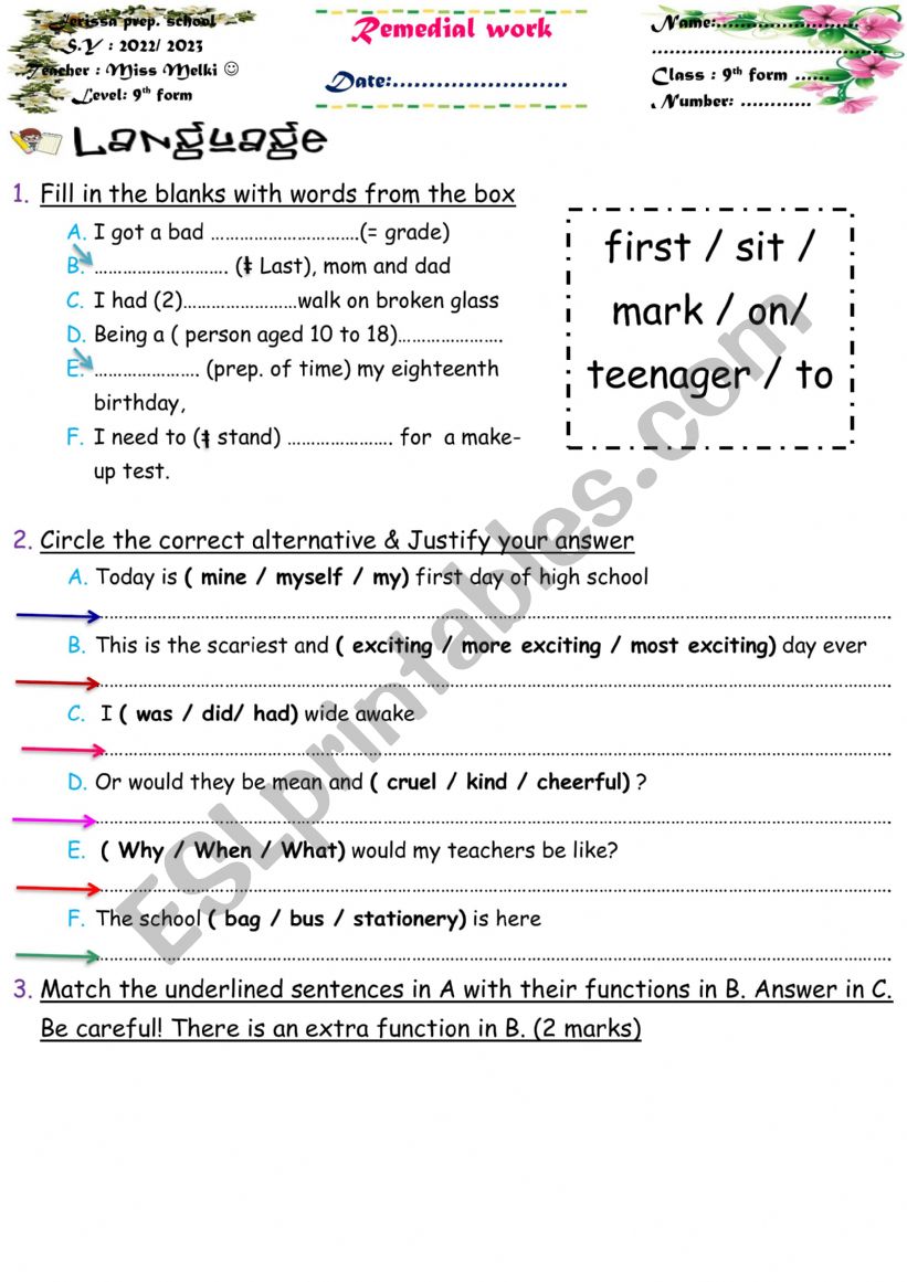 remedial work 9th form worksheet