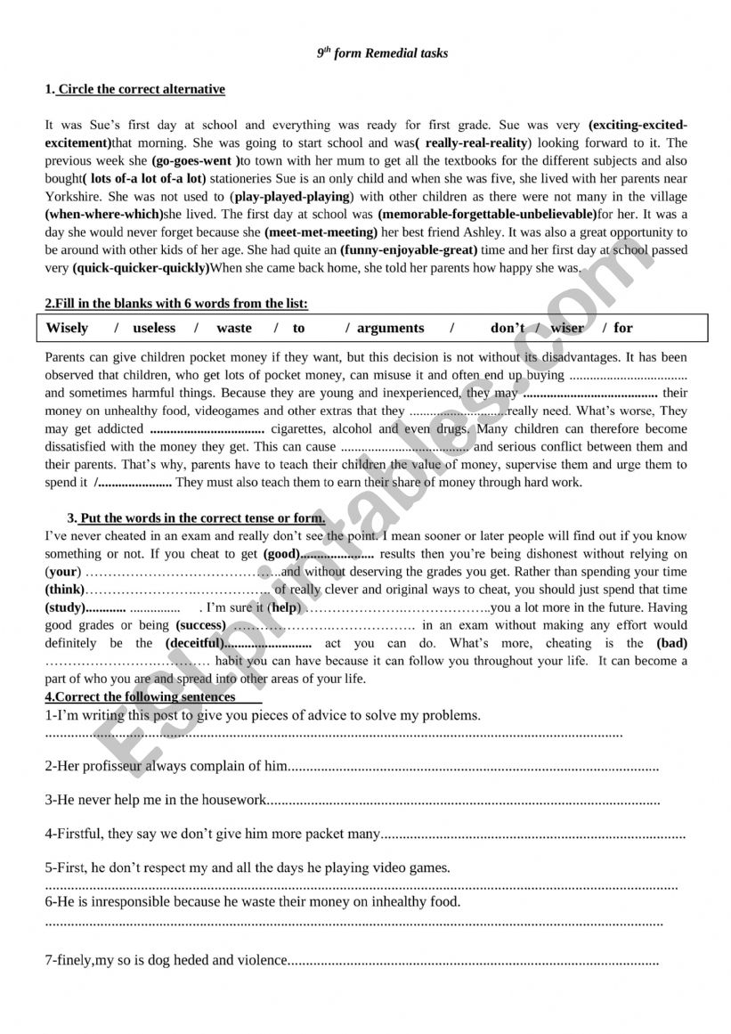 Remedial tasks worksheet