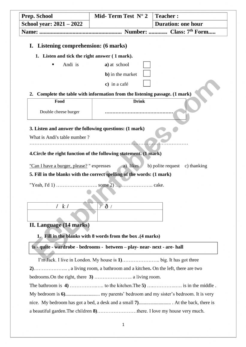  7th form  Mid- Term Test 2 worksheet