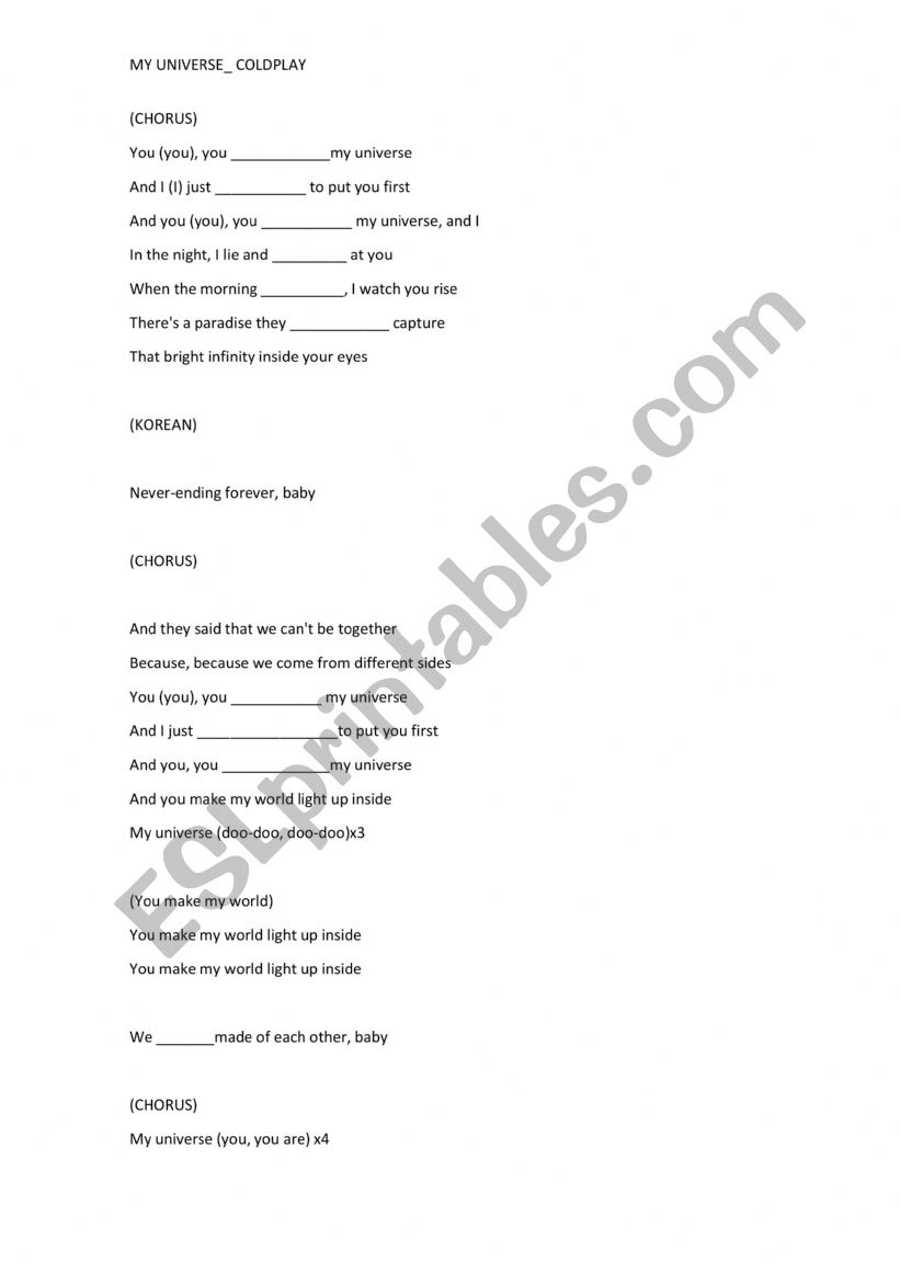 My universe- Coldplay worksheet