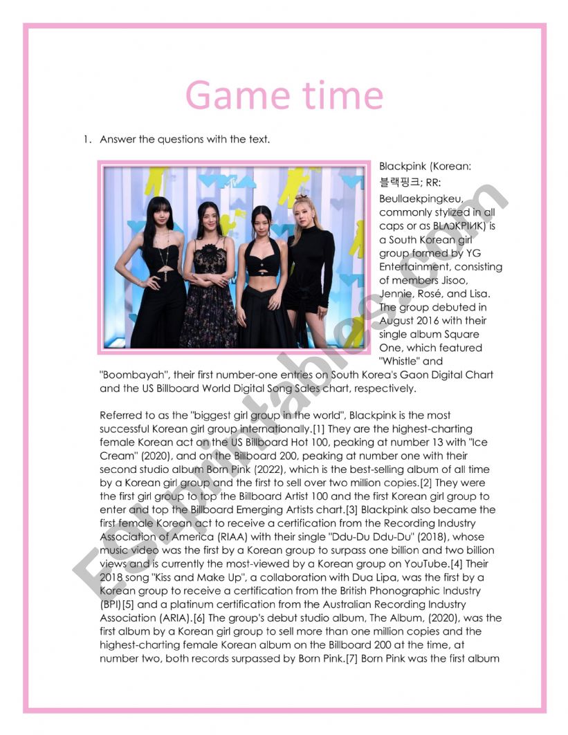 Game time with BlackPink worksheet