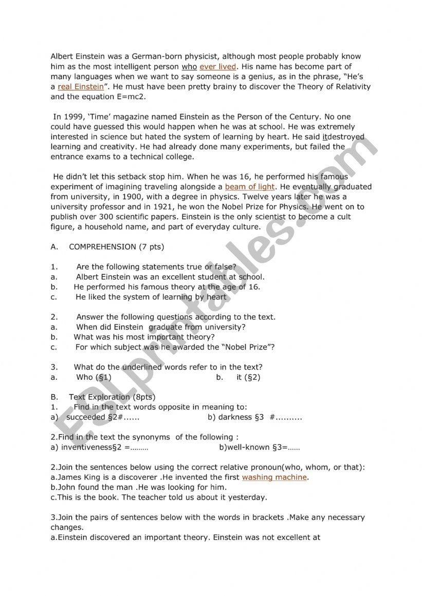 Albert Einshtein worksheet