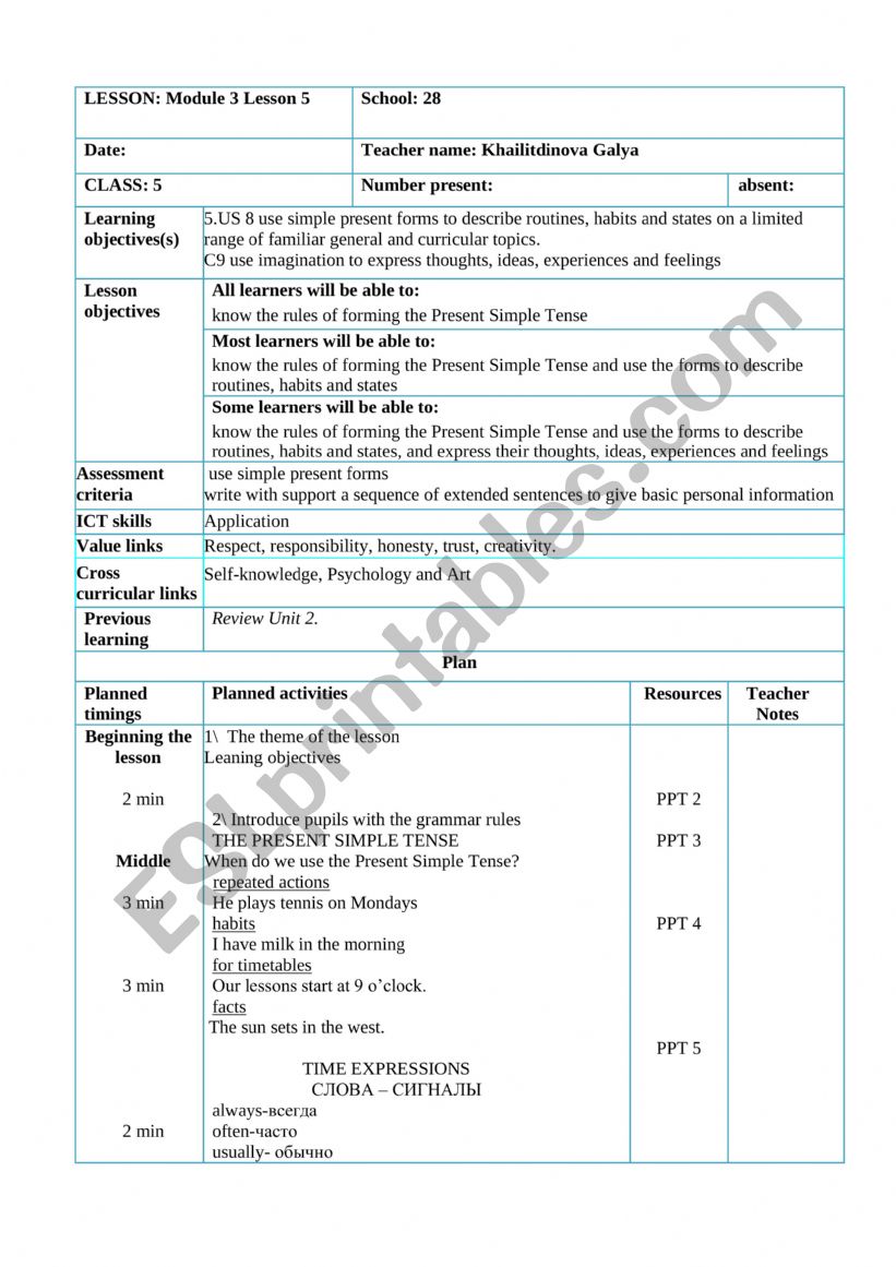 plan 5 th form worksheet