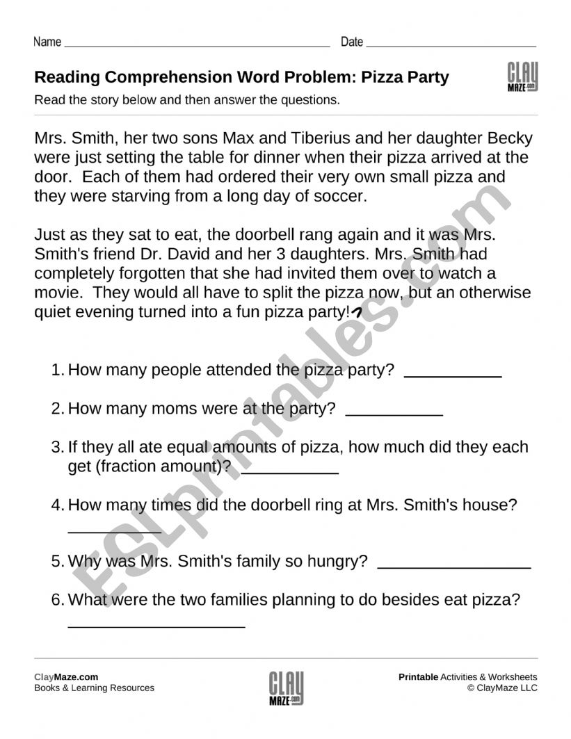 Reading comprehension word problem pizza party