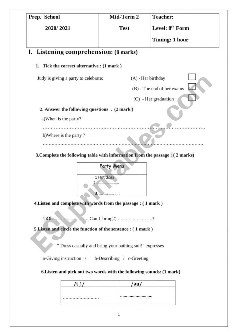  8th form mid- term test 2 worksheet