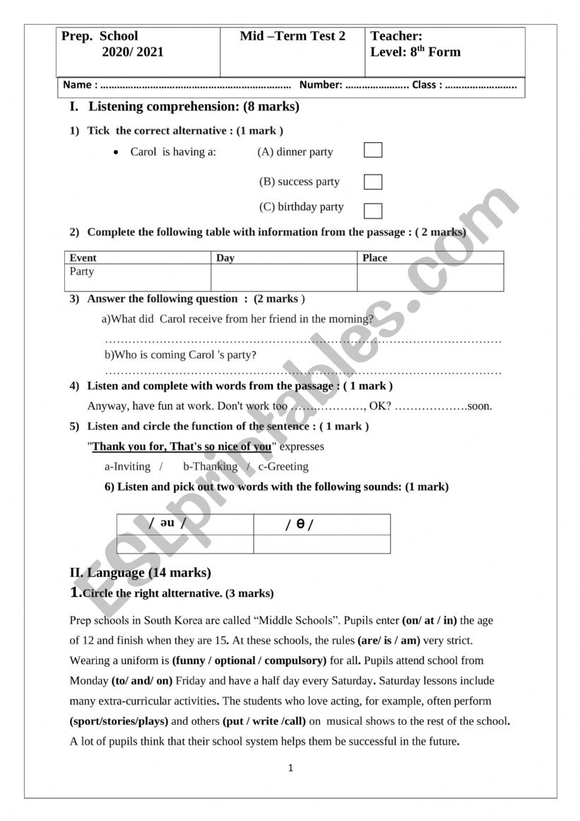  8th form mid- term test 2 worksheet