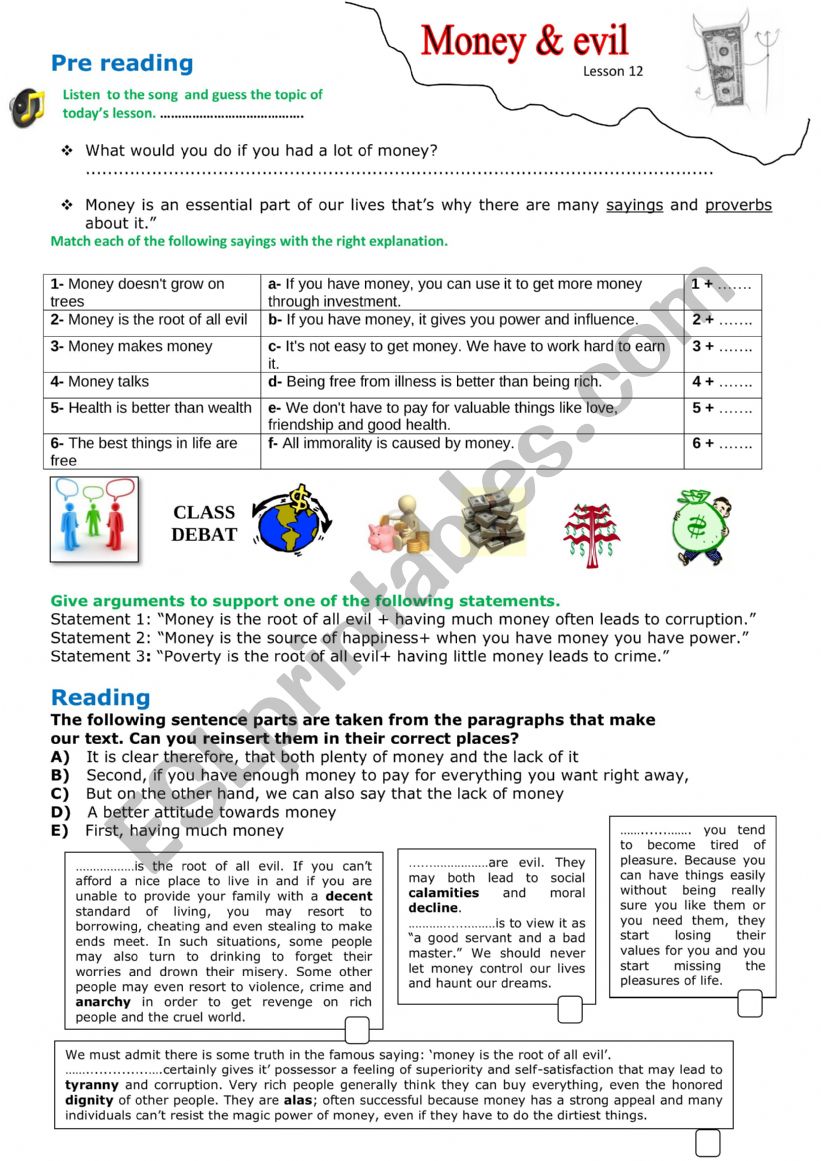 money and evil worksheet