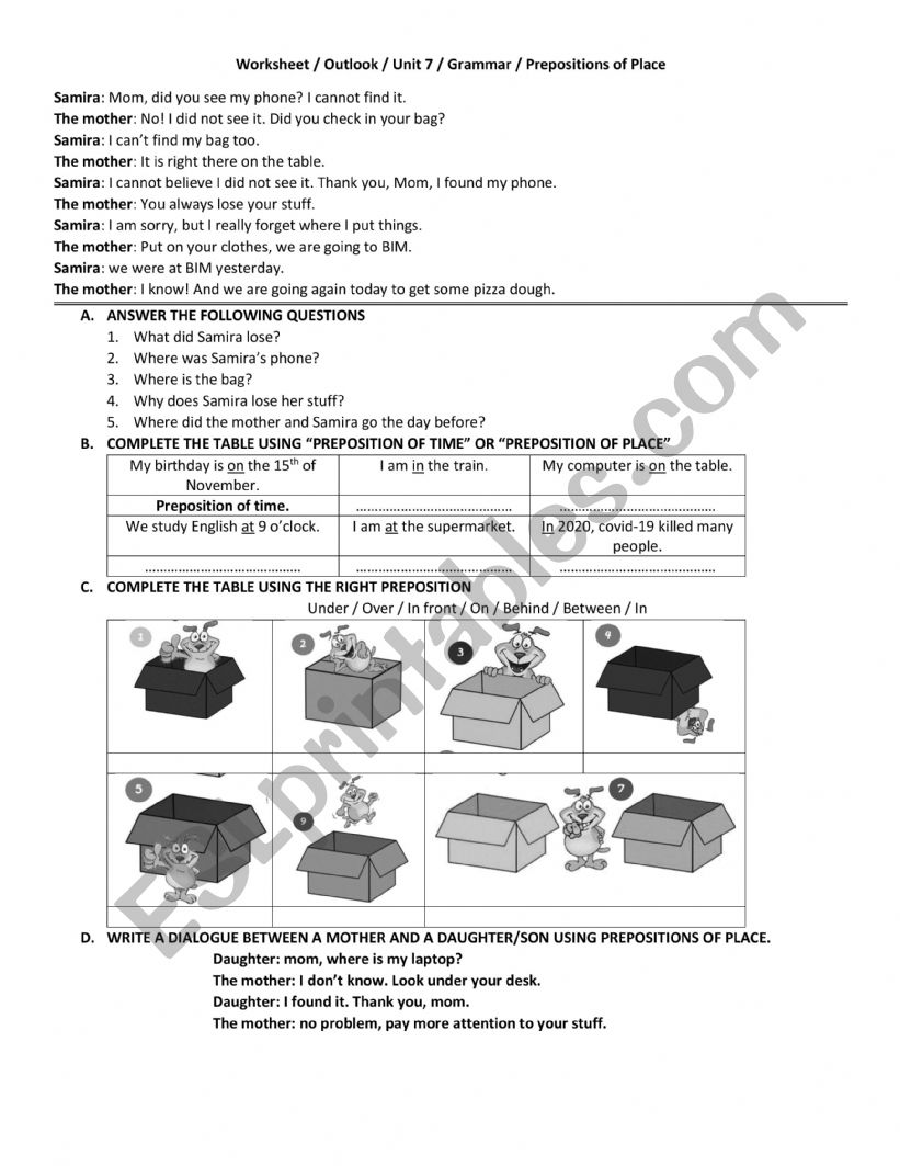 prepositions of place worksheet