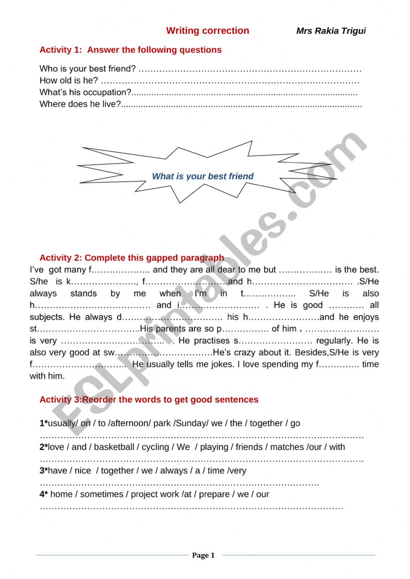 Writing correction worksheet