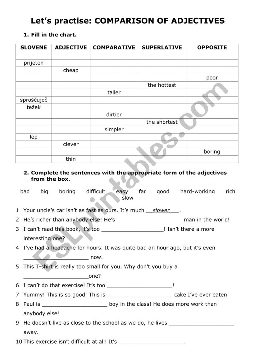 Comparison of adjectives worksheet