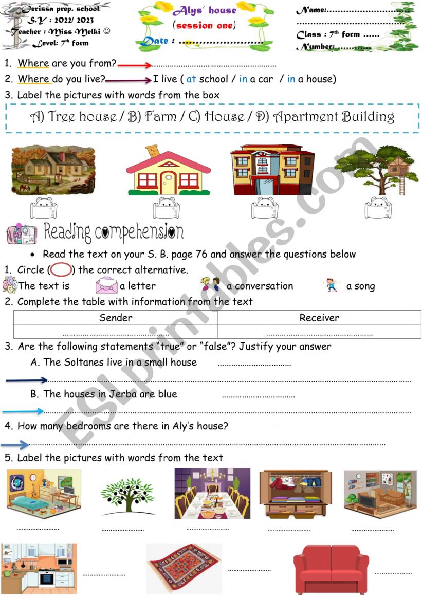 Aly�s house 7th form worksheet