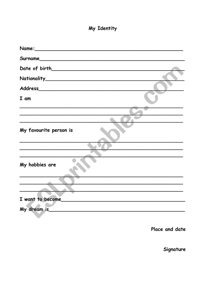 My identity worksheet