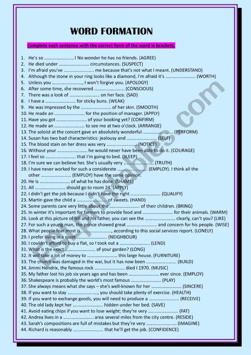 word formation worksheet