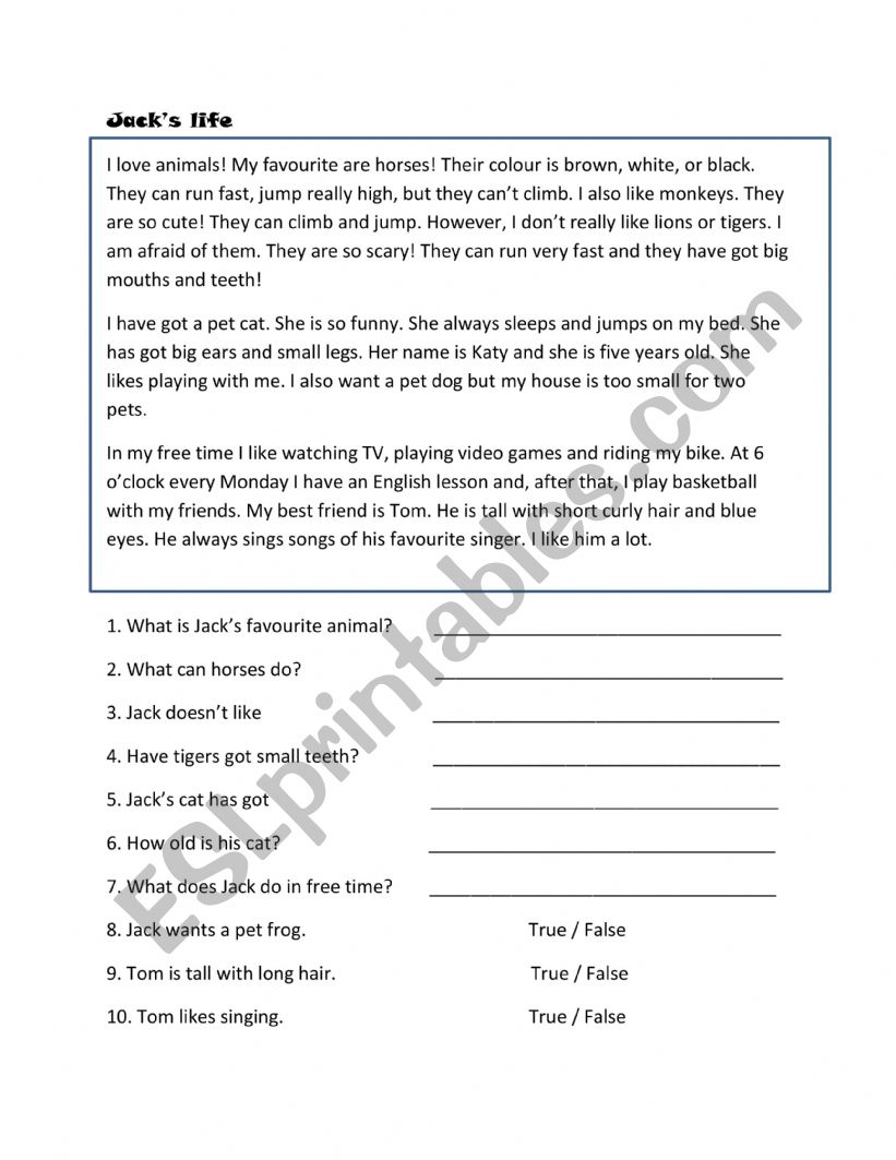 Jack�s life - ReadingCOmprehension