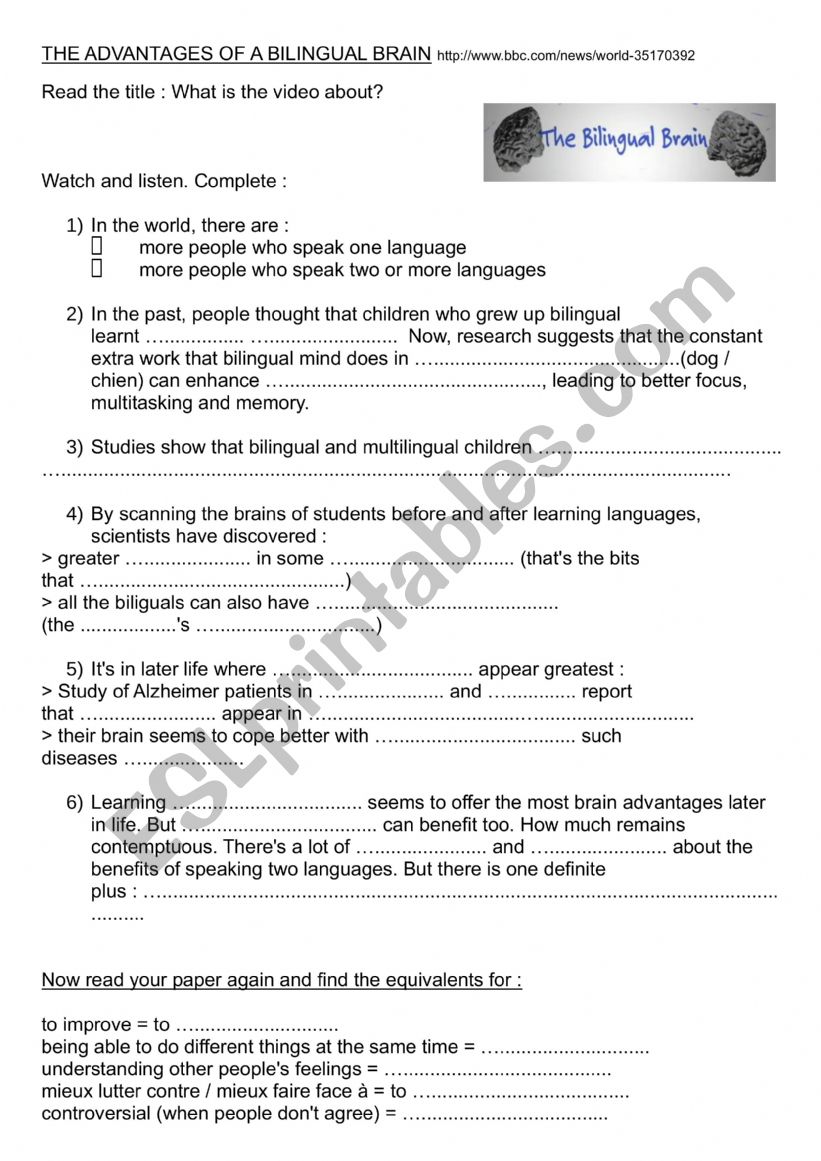 The Advantages of a bilingual brain - Oral comprehension worksheet