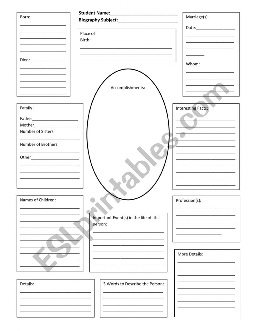 Biography Graphic Organizer ESL worksheet by hboggs1388