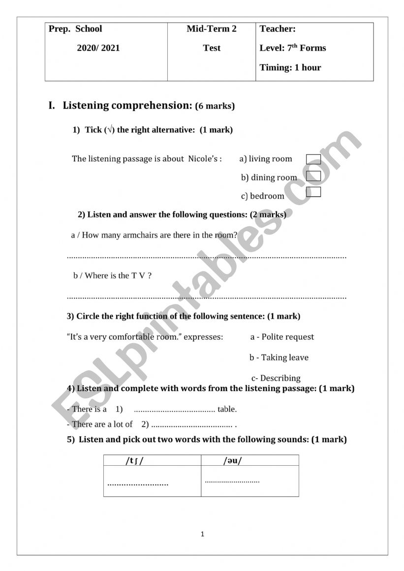 mid term test 2 7th worksheet