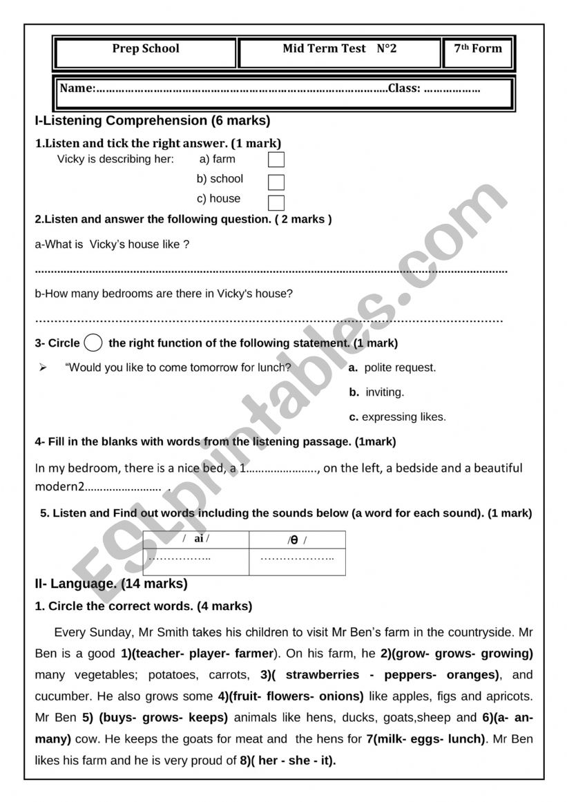  7th mid term test 2 worksheet