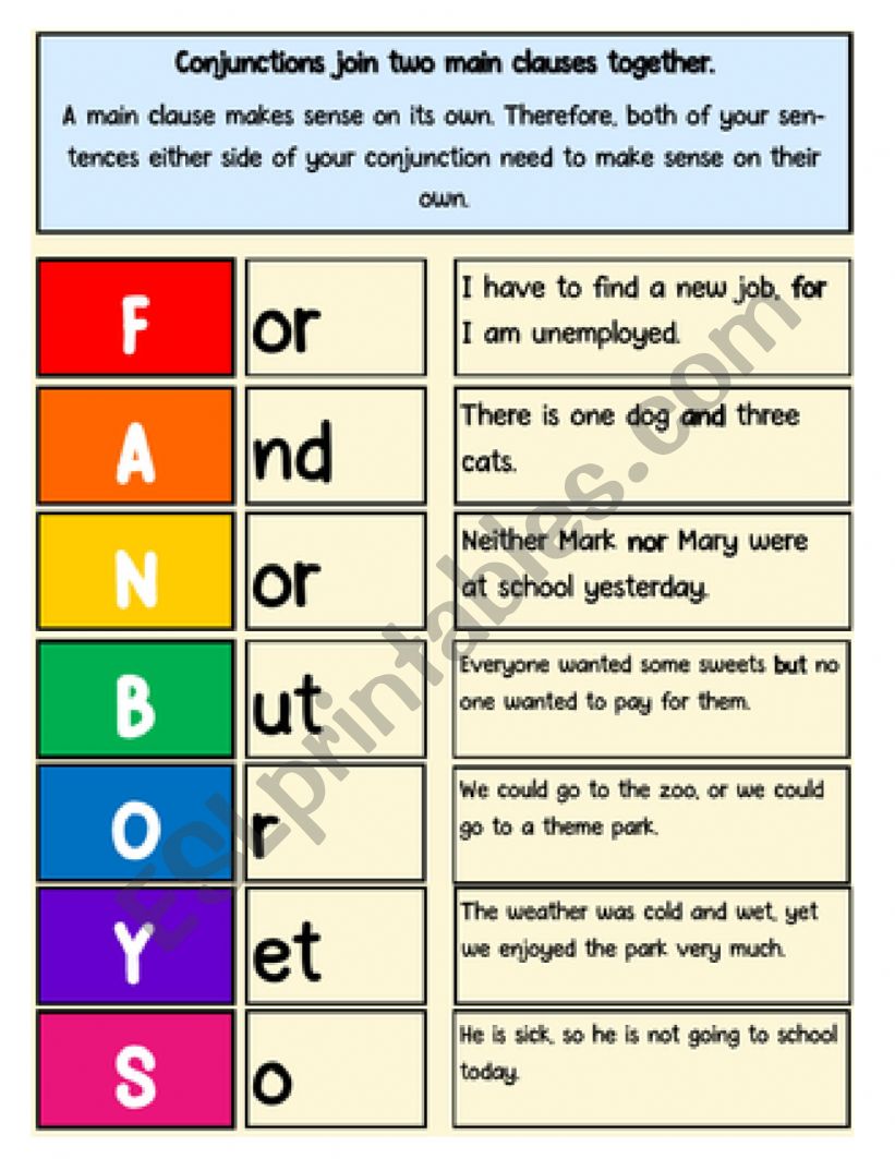 Conjunctions - Fanboys Chart - ESL worksheet by hcarbonneau