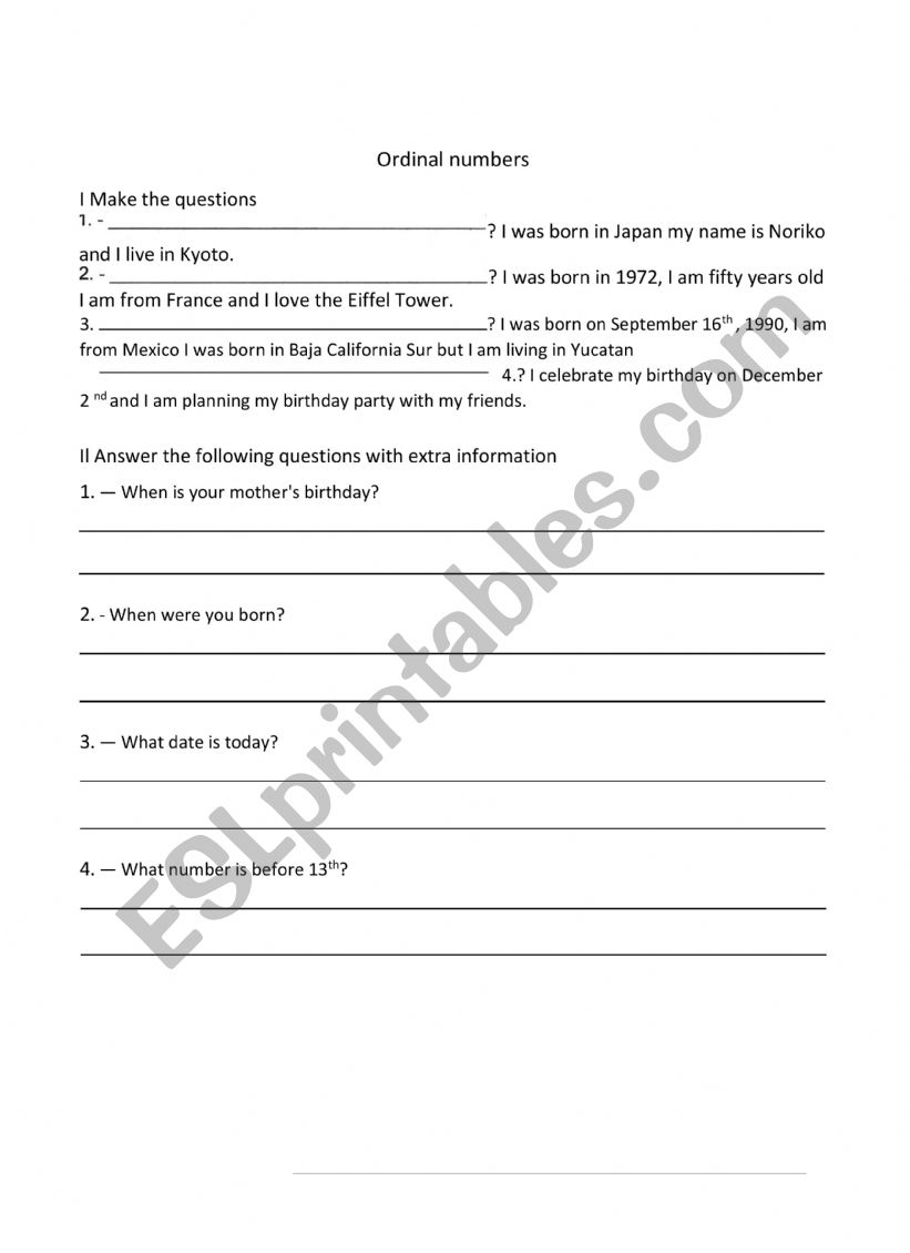 Ordinal numbers worksheet