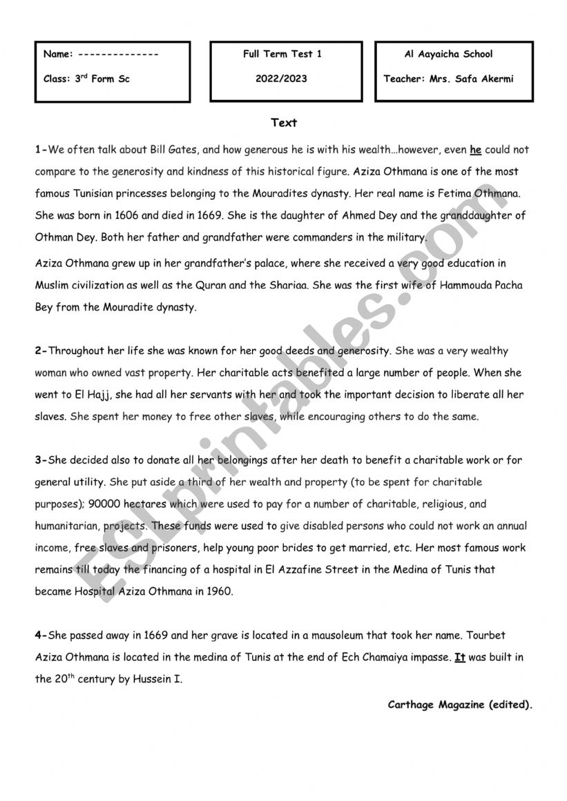 3rd Form End term 1 (Sc) worksheet