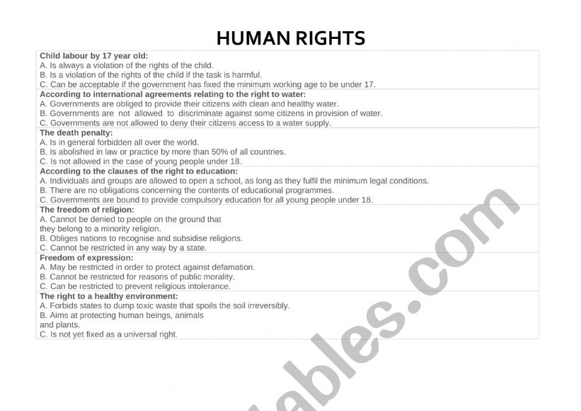 Human rights quiz worksheet
