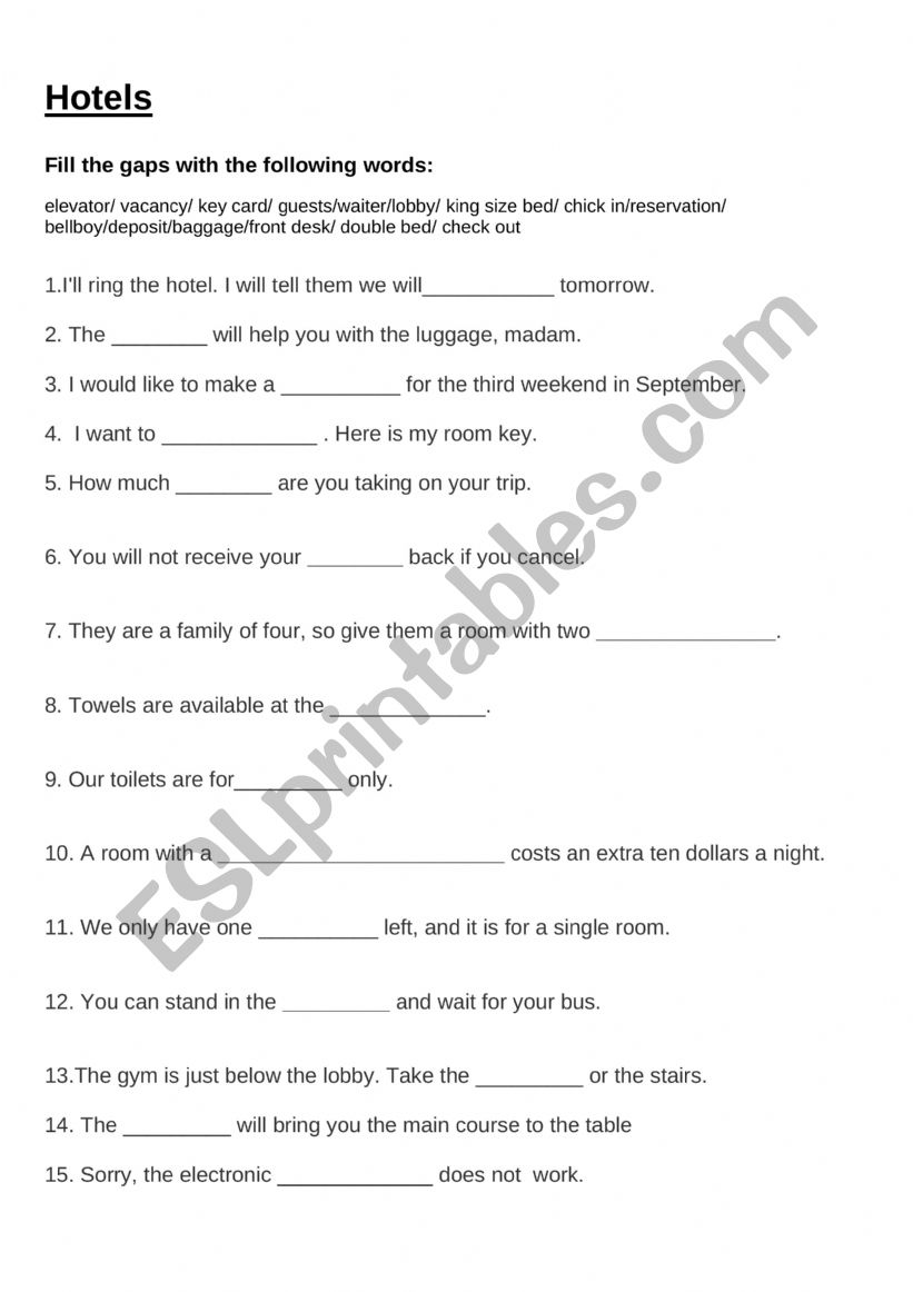 Hotels worksheet