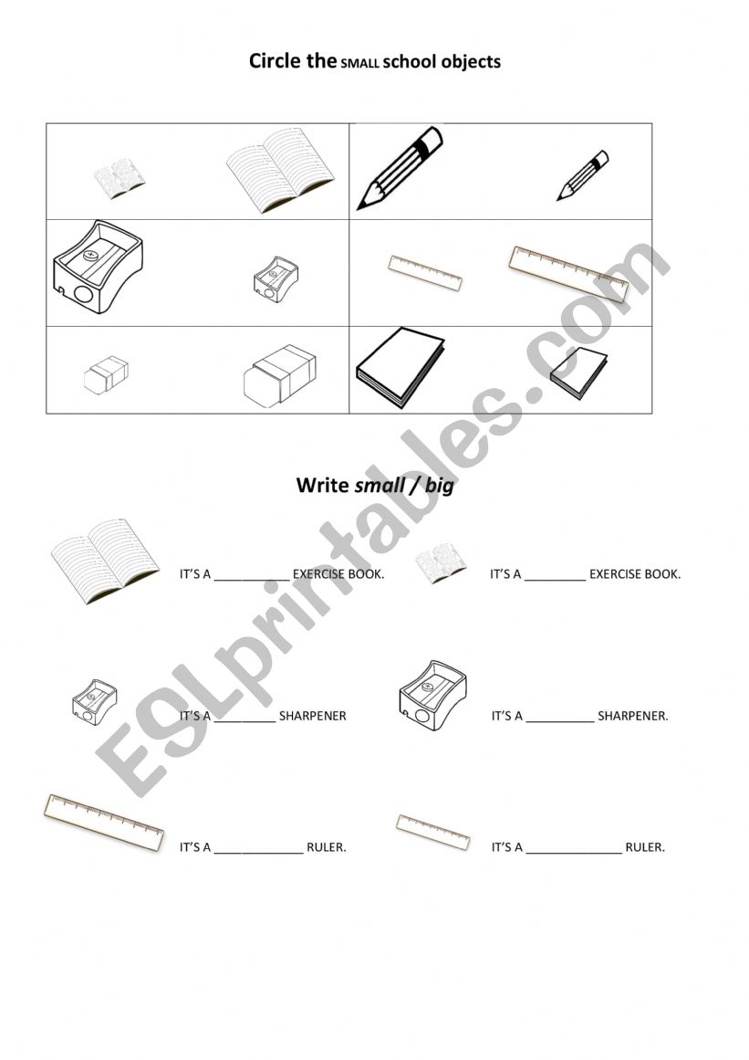 School objects Big/small worksheet