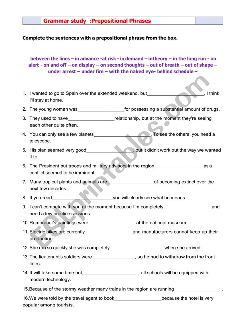 Grammar : prepositional-phrases worksheet