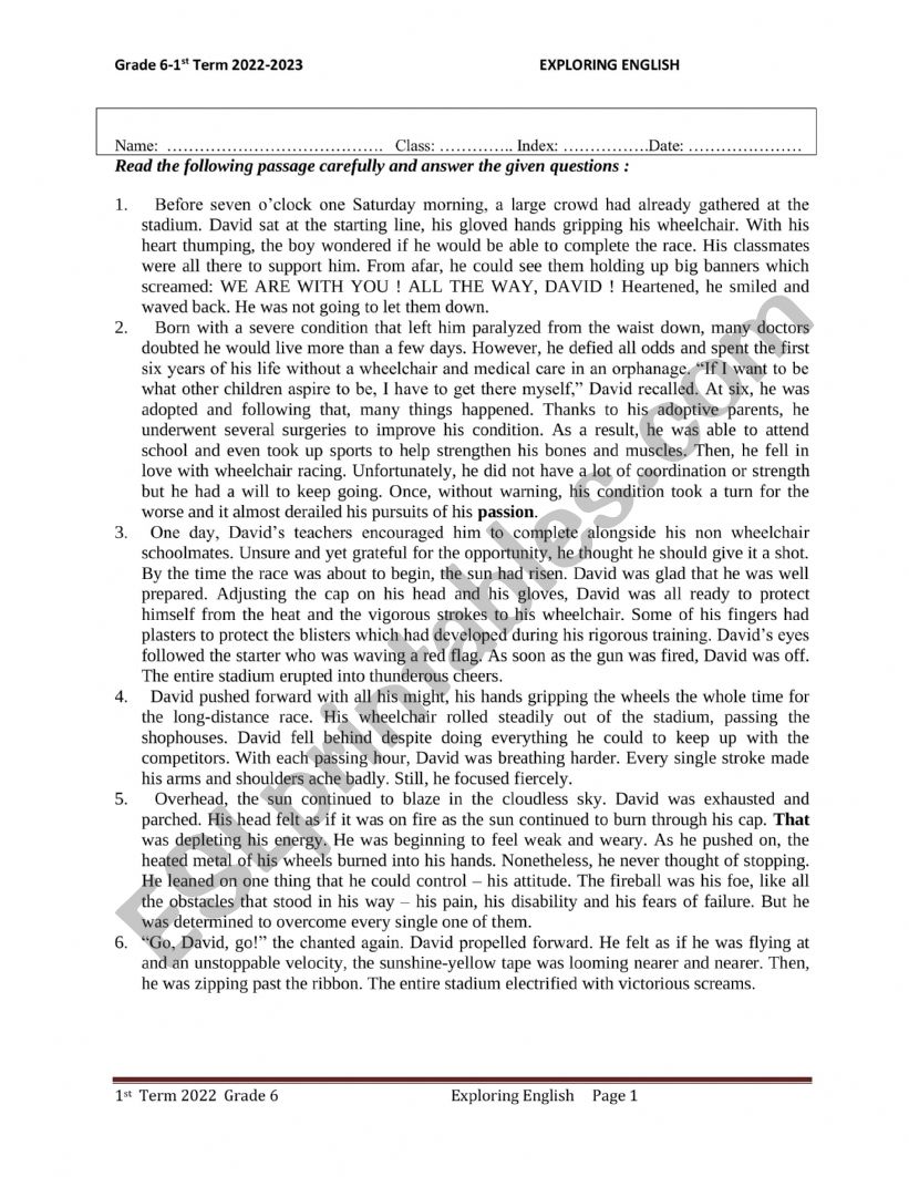 Reading worksheet
