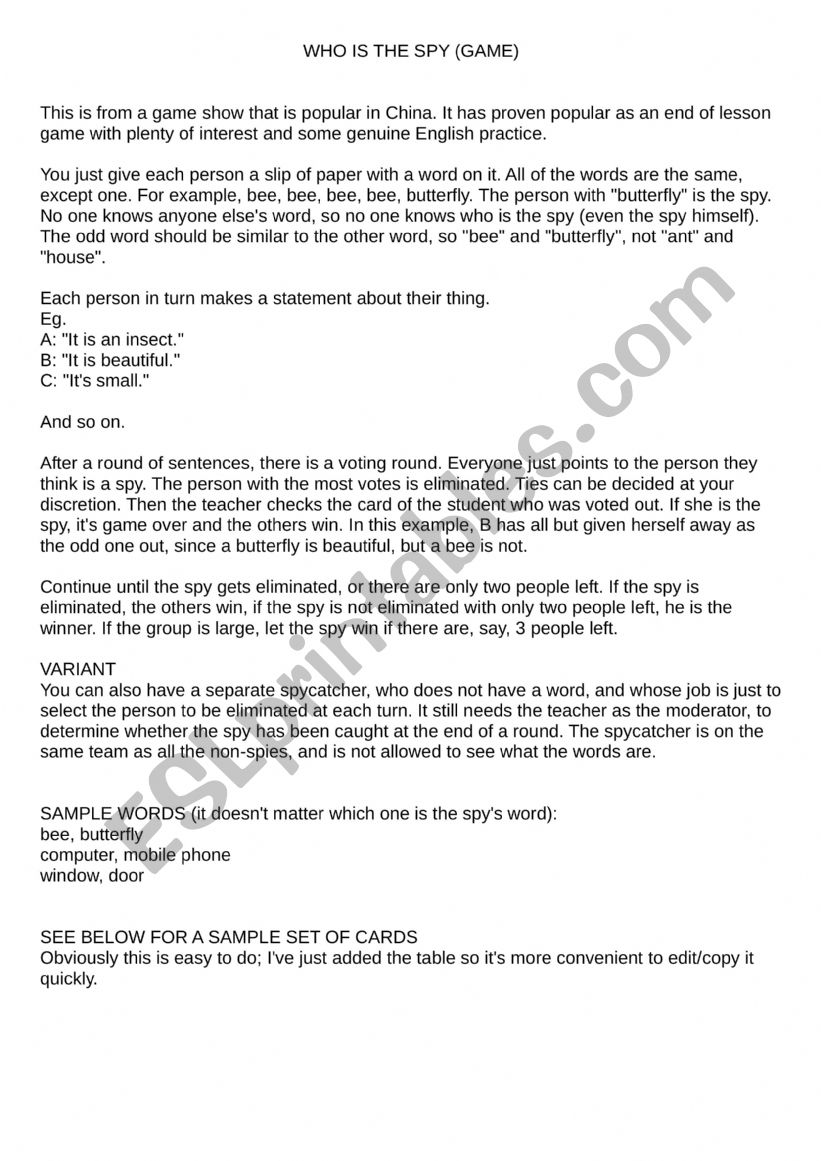 The Spy game worksheet