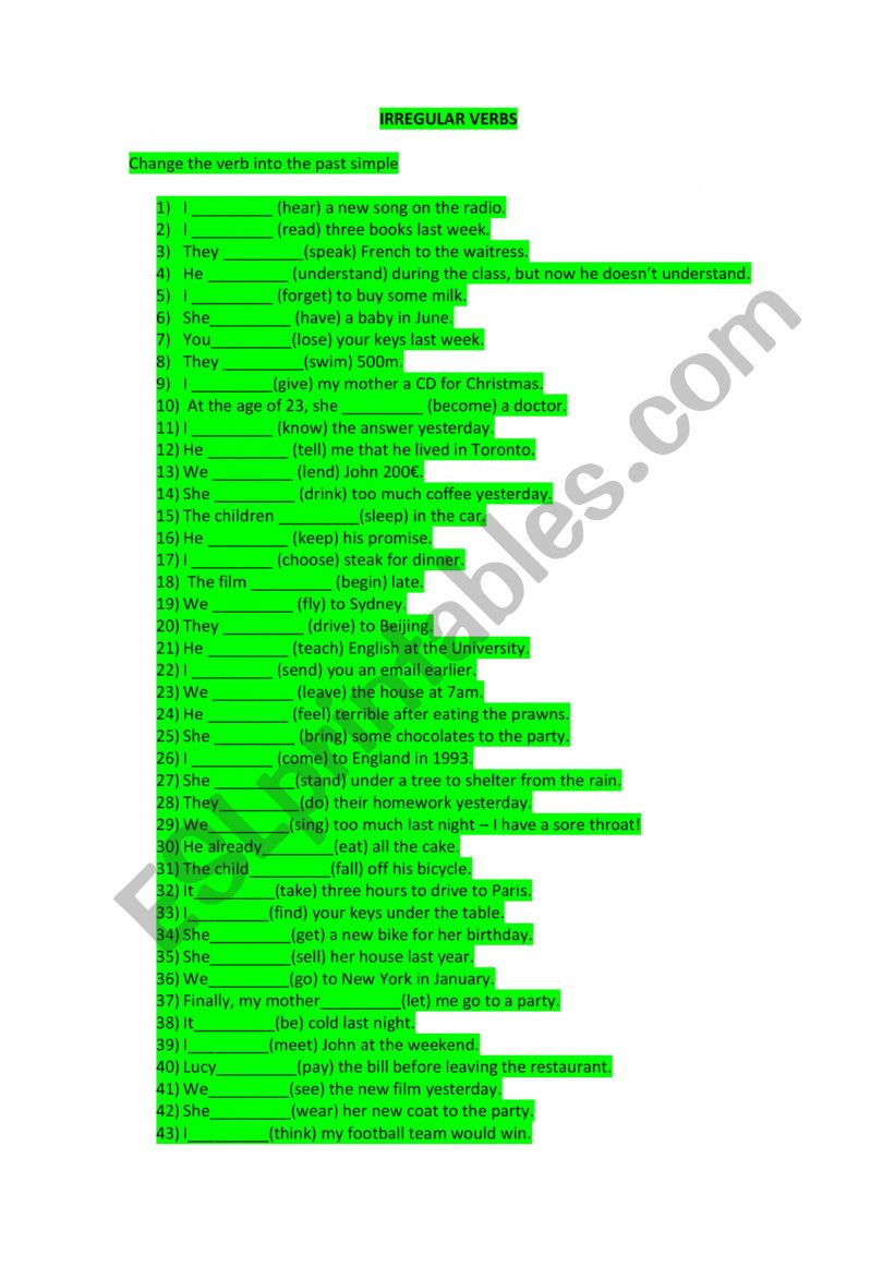Irregular Verbs worksheet
