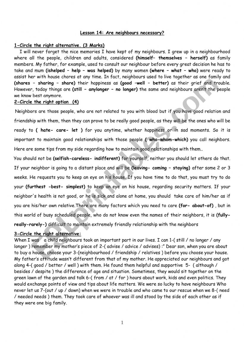 1st form lesson 14: Are neighbours necessary?