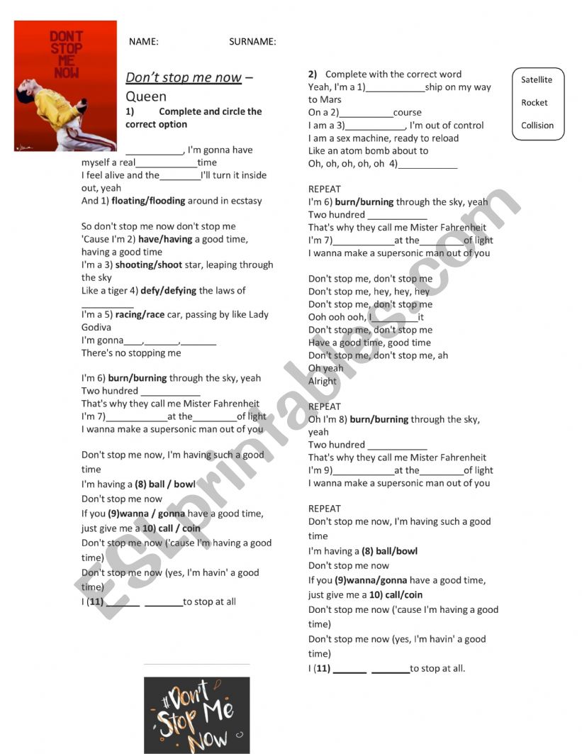 Don�t Stop me Now - Queen worksheet