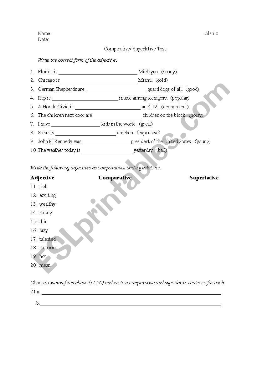 Comparatives and Superlatives worksheet