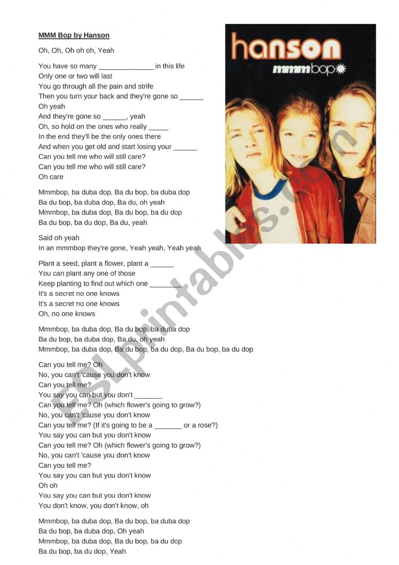 MMMBop by Hanson worksheet