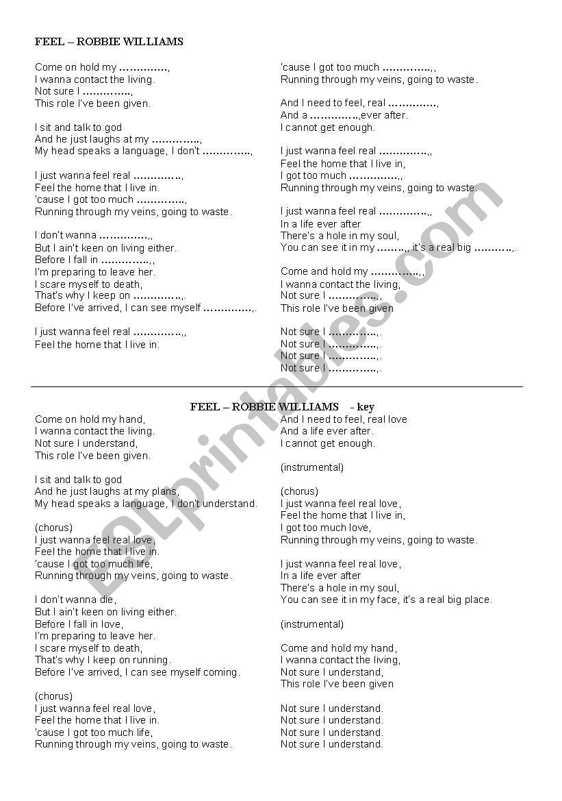 Song Feel by Robbie Williams worksheet