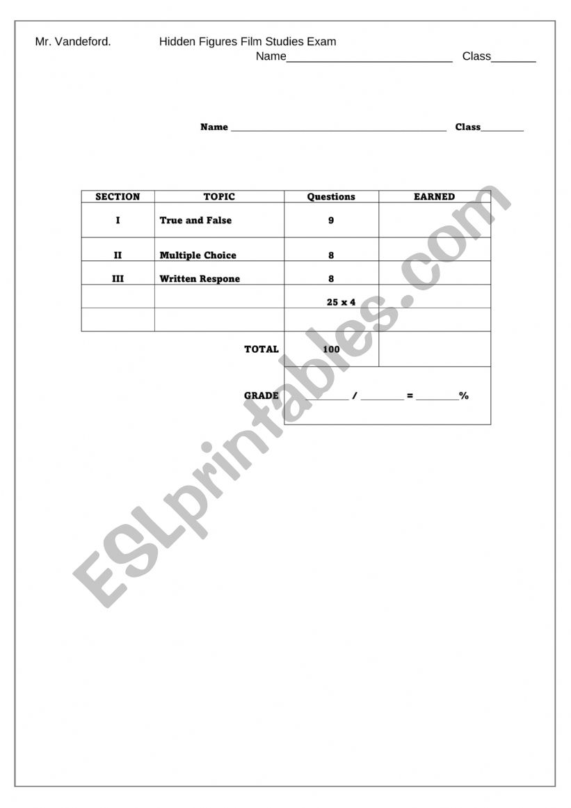 Hidden Figures Film Exam worksheet