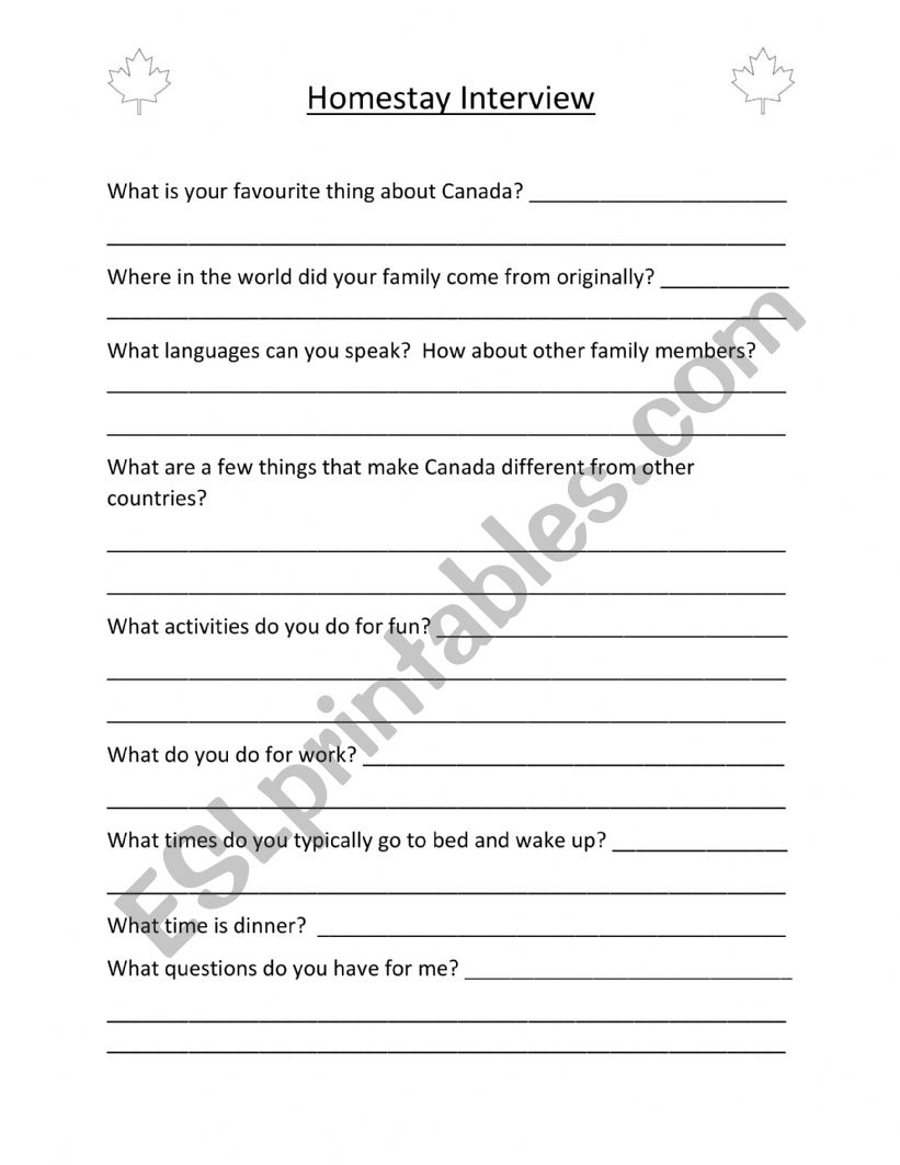 Homestay Interview worksheet