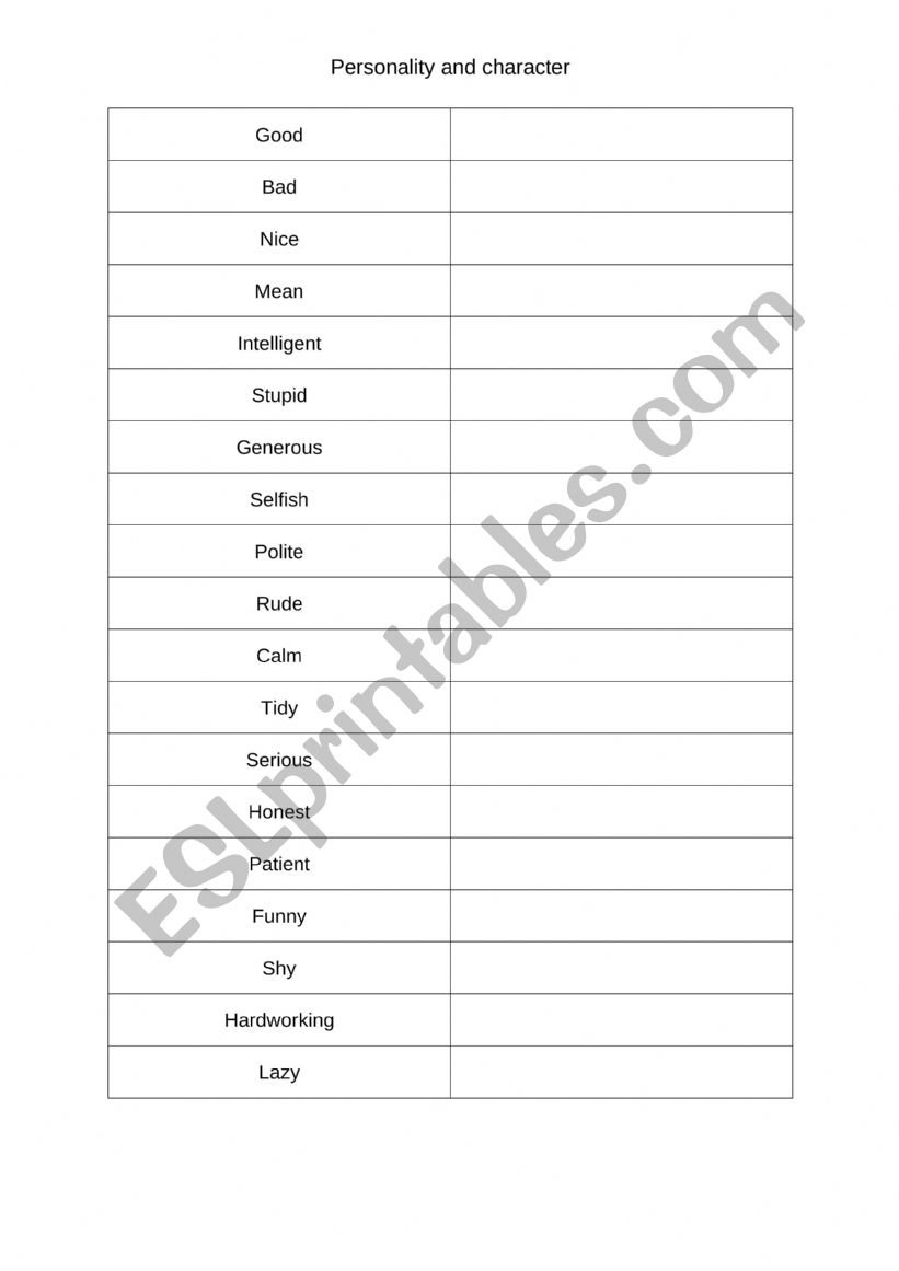 Personality and character worksheet