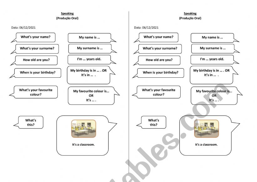 speaking test 4 th grade worksheet