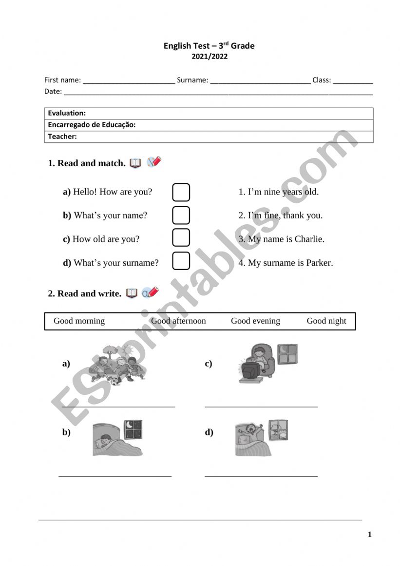 test for 3rd grade part 1 worksheet