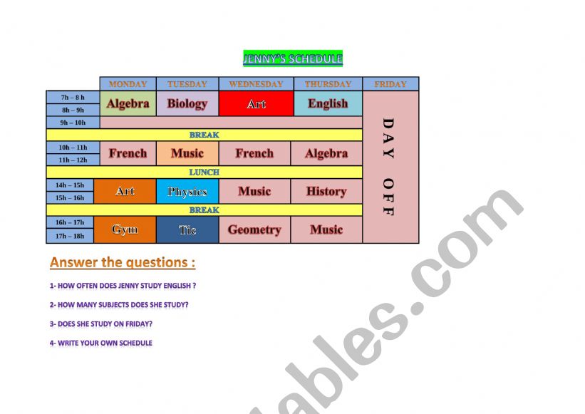 JennyÃ¯Â¿Â½s schedule worksheet