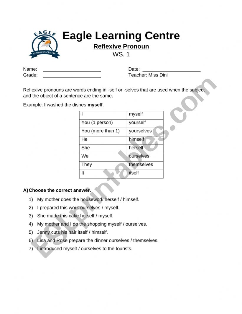 Reflexive Pronoun worksheet