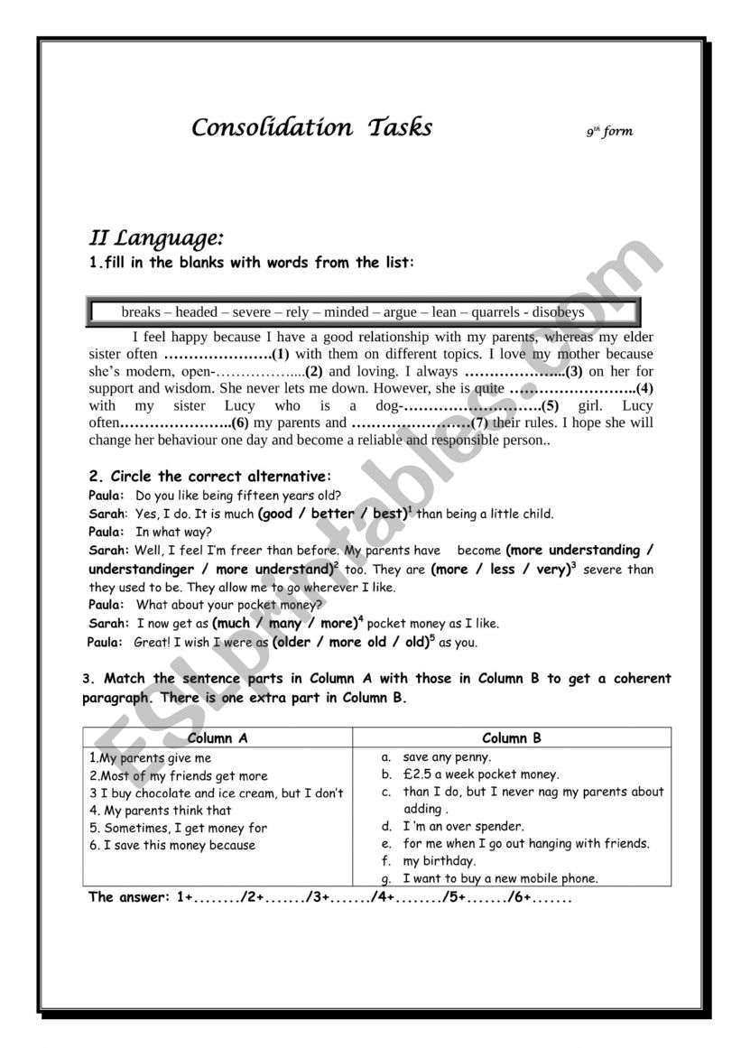 Consolidation Tasks 9th formers