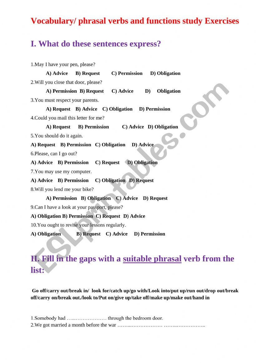 Vocabulary/ phrasal verbs and functions study Exercises