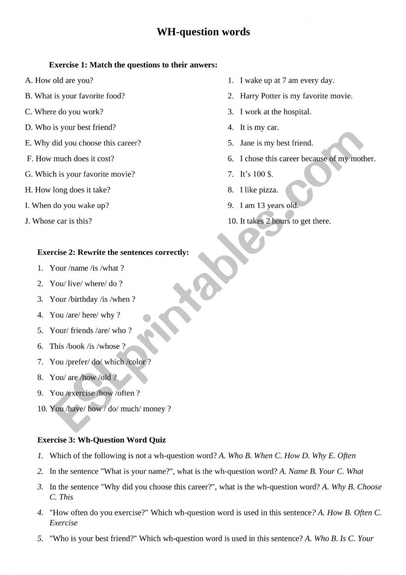 WH-question word worksheet worksheet