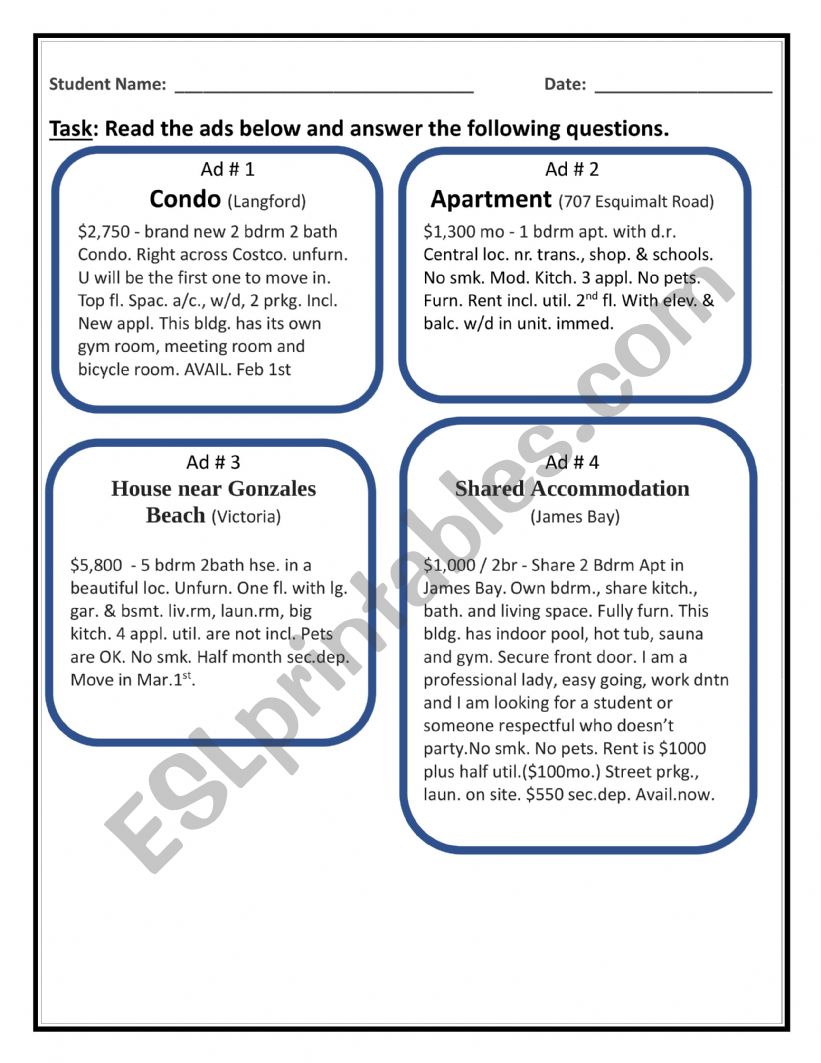 Reading Housing Ads worksheet