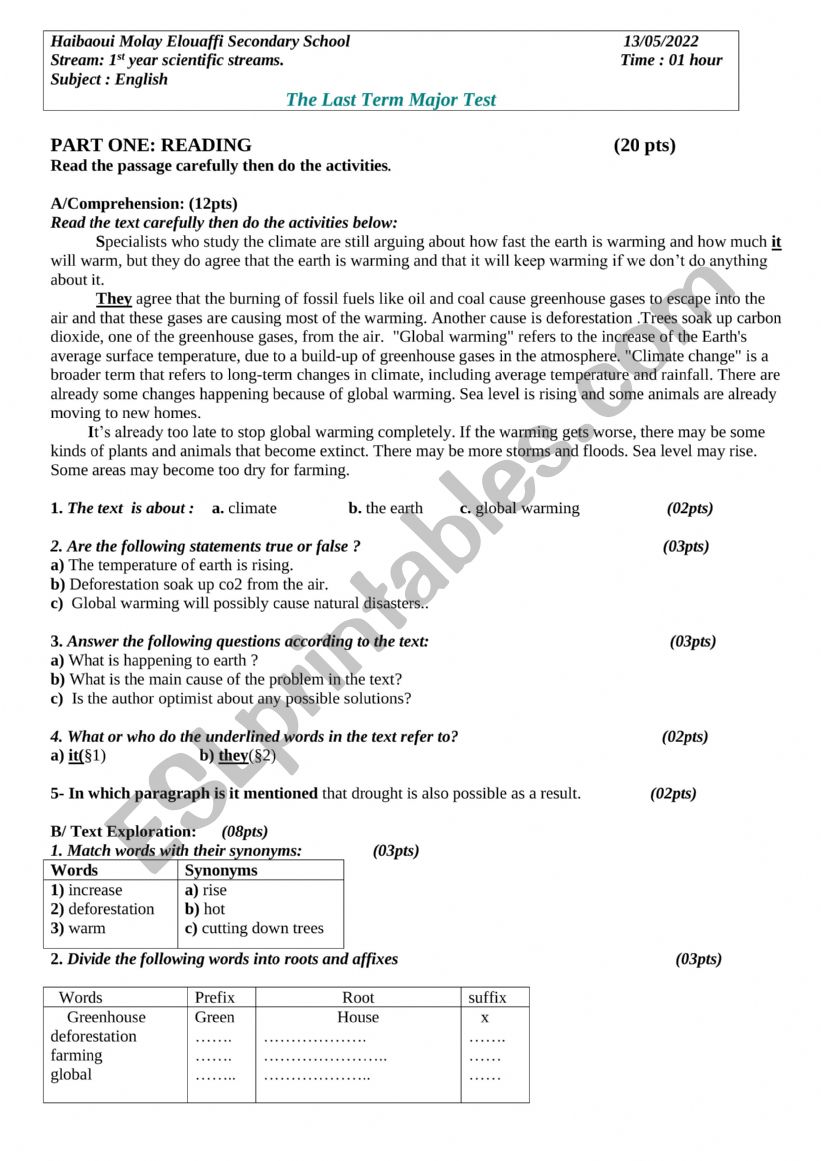 1st year scientific stream major exam